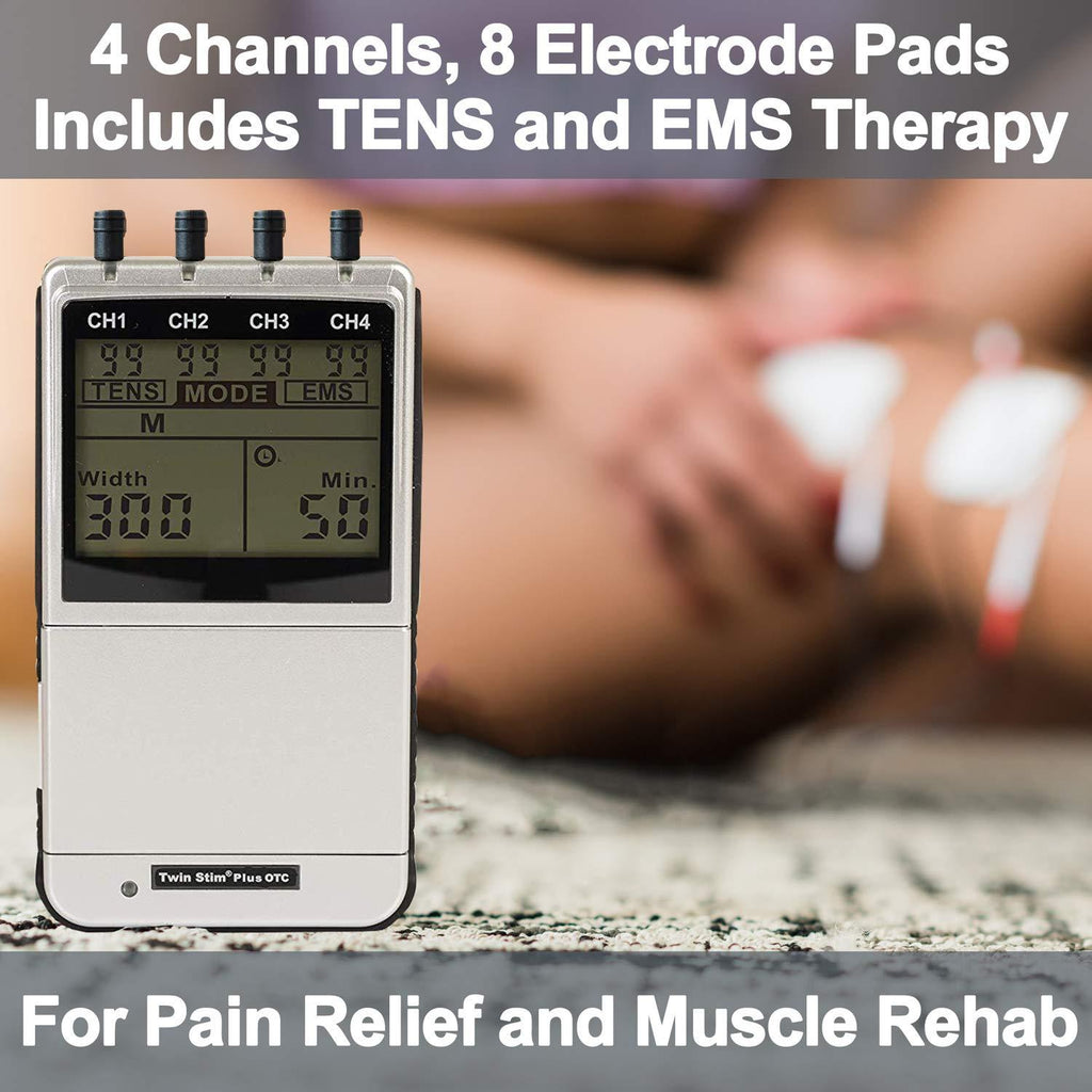 TENS EMS Combo Unit Portable Electrotherapy Muscle Stimulator by Quad Stim  Plus - 4 Different Channels - OTC Stim Tens Therapy Machine for Pain Relief